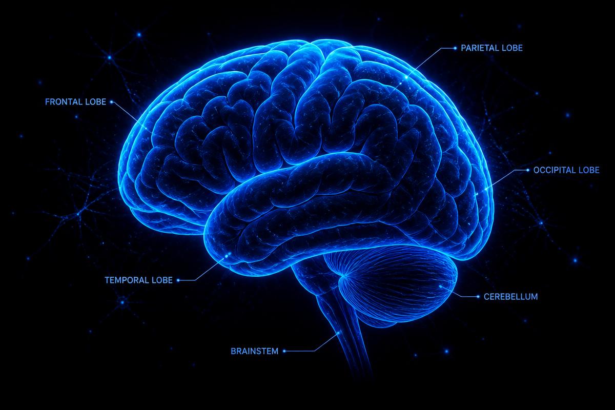 Cérebro humano em azul luminoso com lobos frontal, parietal, temporal, occipital e cerebelo indicados