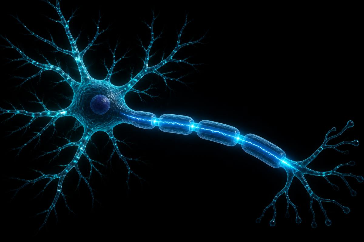 Neurônio luminoso azul com dendritos, corpo celular, axônio coberto por bainha de mielina e impulso elétrico